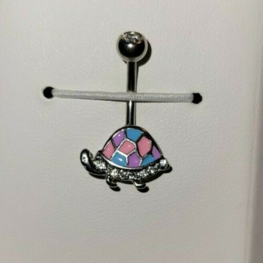 Enamel & CZ paved Turtle 316L Surgical Steel Belly Button Navel Ring Pink